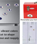 Various state-themed magnets displayed on fridge and locker, showing colorful designs and personalization options.