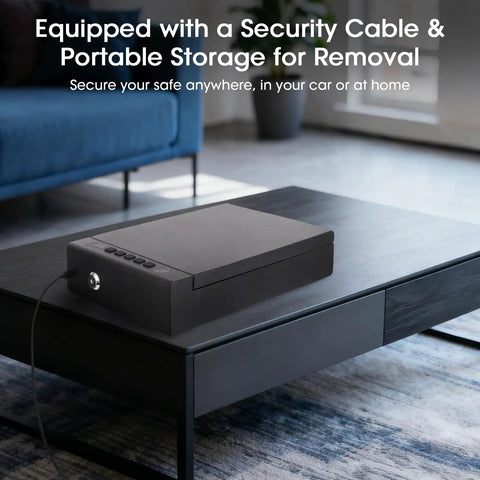 Portable Fingerprint Gun Safe For Handgun With Three Quick Access Methods Including Fingerprint Digital PIN And Physical Key No Hassle Carry Handle Design shown on a table