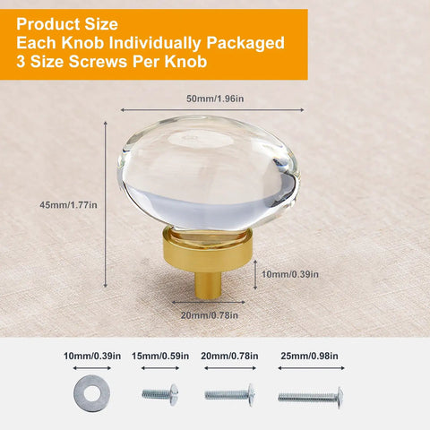 16 Pack Glass Cabinet Knobs And Pulls Dope Oval Crystal Knobs For Dressers And Cabinets Satin Brass Gold Finish shown with size details