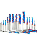 Spektra Extreme Tool Life Coated Compression Spiral Router Bit Set, 18 Piece CNC Plastic Cutting Bits, displayed in a row