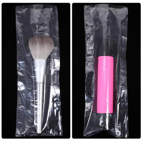 100Pcs PVC Heat Shrink Wrap Bags For Bottles And Medicine Easy To Use Sealing Film That Keeps Products Fresher Clear Plastic Shrink Wrap For Packaging And Shipping Great For Bulk Bottling DIY Craft And Makeup Storage, clear bag with makeup brush and pink tube