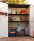 Vertical Resin Outdoor Storage Shed For Tools And Patio Gear Waterproof Garden Cabinet 386 Gallon Capacity 4.5 x 2.3 Ft Backyard Mower Storage Light Grey Weatherproof Durable open with organized tools and accessories.