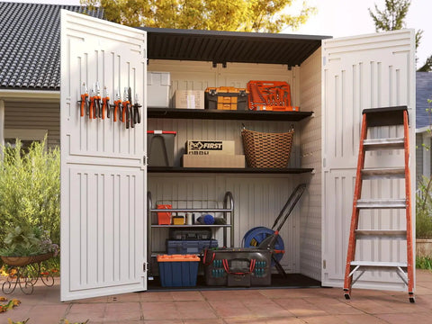 Vertical Resin Outdoor Storage Shed For Tools And Patio Gear Waterproof Garden Cabinet 386 Gallon Capacity 4.5 x 2.3 Ft Backyard Mower Storage Light Grey Weatherproof Durable open with organized tools and accessories.