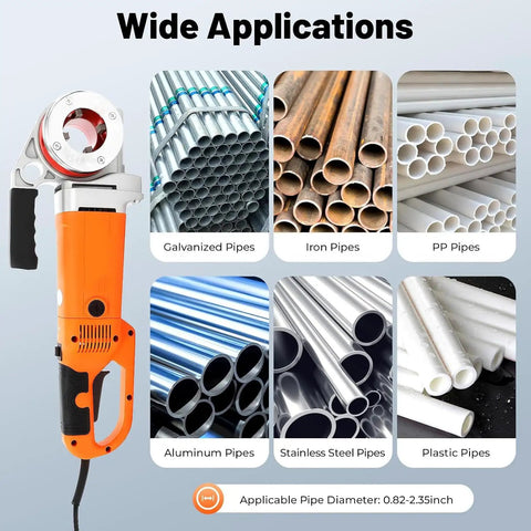 Built Tough Portable Pipe Threader Driven By 2300 Watt Copper Motor suitable for galvanized, iron, plastic, and aluminum pipes.