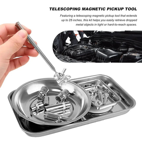 Magnetic Tray Set With Telescoping Magnet Pickup Tool 4 Piece Stainless Steel Round And Rectangular Trays For Screws Nuts Bolts Pro Grade Heavy Duty Automotive Shop Organizer in use.