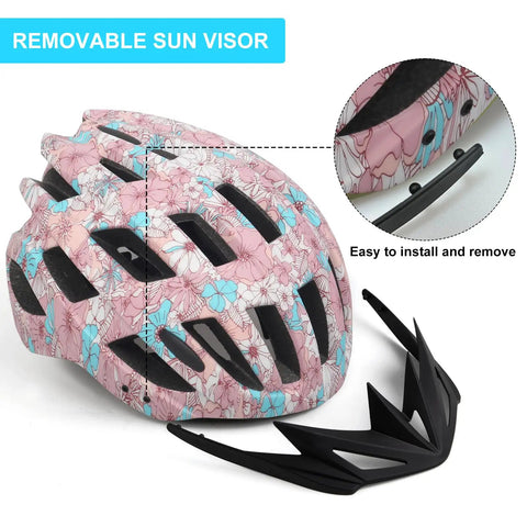 Adjustable Bike Helmet For Men And Women Lightweight Road And Mountain Cycling Safety Gear With Detachable Visor And Pink Flower Accent