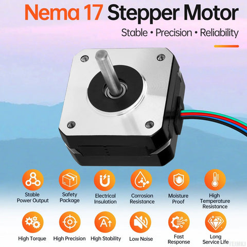 Nema 17 stepper motor, front view, 42x23mm frame, silver front plate, black body, 4-wire cable for 3D printers/CNC