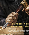 Person using a chisel from 12 Piece Wood Chisel Set With Wooden Box Carving Tools For Woodworking CRV Steel Blades And Premium Wood Handles