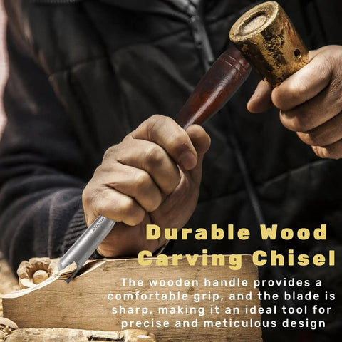 Person using a chisel from 12 Piece Wood Chisel Set With Wooden Box Carving Tools For Woodworking CRV Steel Blades And Premium Wood Handles