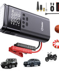 Beefy 6000A Jump Starter With Air Compressor For Cars And 14L Diesel Engines, LED light, tire inflator, accessories visible.