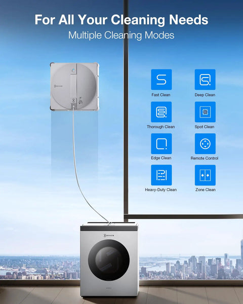 W3 Omni Robot Window Cleaner With Auto Clean Station Hands Free Self Cleaning System shown installed on glass window.