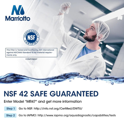 Person in lab coat inspecting in laboratory, NSF certified, with text highlighting safety and certification standards by Marriotto.