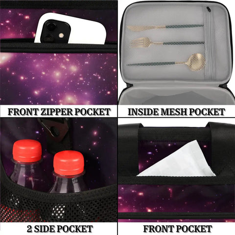 Insulated Picnic Backpack Lunch Bag showing zipper, mesh, and side pockets with galaxy design, 12x8.7x10in tote for all-day freshness