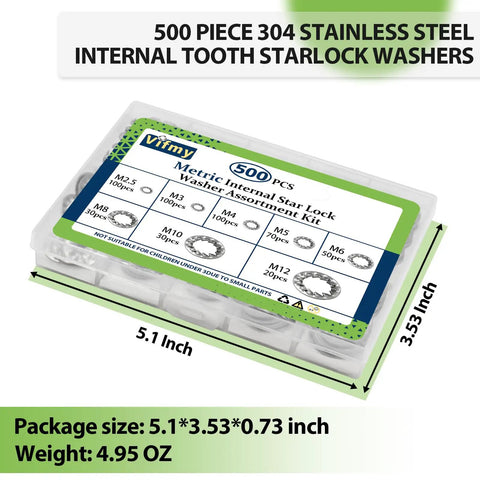 Internal Tooth Star Lock Washer Set 500 Pack Eight Size Assortment M2.5 M3 M4 M5 M6 M8 M10 M12 304 Stainless Steel