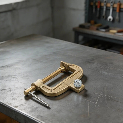 Top Tier 1000 Amp Brass Welding Earth Clamp With C Type Screw Design for Heavy Duty Shipyard Jobs And Steel Structure Projects That Won't Overheat Or Fail On Intense Work Days on a workbench.