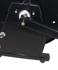 Close-up of crank handle and base of Beefy Heavy Duty Portable Hose Reel For 5000 PSI High Pressure Power Washers And Sewer Jetters Holds Three Eighths Inch By Two Hundred Feet Hose Steel Construction With Black Powder Coat And Spring Loaded Locking Mechanism, showing steel construction and black powder coat.