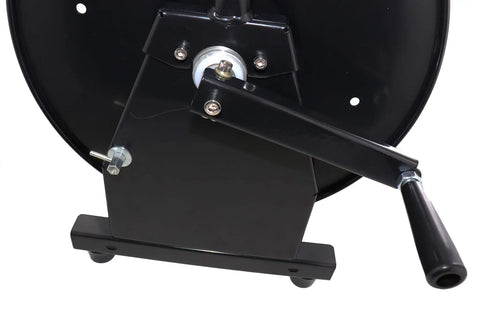 Close-up of crank handle and base of Beefy Heavy Duty Portable Hose Reel For 5000 PSI High Pressure Power Washers And Sewer Jetters Holds Three Eighths Inch By Two Hundred Feet Hose Steel Construction With Black Powder Coat And Spring Loaded Locking Mechanism, showing steel construction and black powder coat.