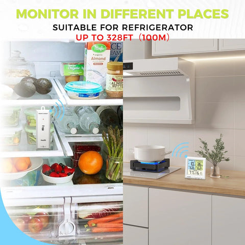 Wireless freezer thermometer with alarm: two white units shown on counter and in fridge; digital backlit displays.