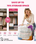Woman using Two Large and Two Jumbo No-Pump Compression Bags for Clothes and Blankets, Vacuum-Free Storage Solution for closet organization.