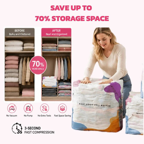 Woman using Two Large and Two Jumbo No-Pump Compression Bags for Clothes and Blankets, Vacuum-Free Storage Solution for closet organization.