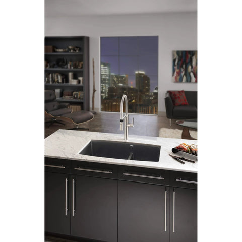 Modern kitchen with black cabinetry featuring Hopewell Steel Bar Pull M993 15 Inch Center-To-Center Flat Black Cabinet Pulls.