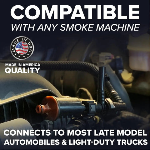 EVAP Bundle Smoke Machine Adapter Kit shown connected to automotive engine, highlighting Made in USA compatibility.