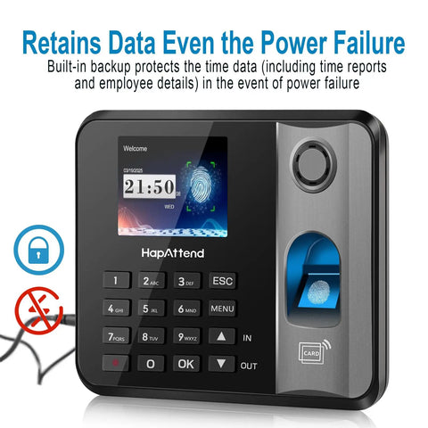 Real Deal Offline Time Clock For Small Business Crews Effortless Hours Tracking And Quick Usb Exports cut, finger scanner with display and keypad.