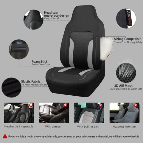 Bucket Gray Front Seat Covers Set for Cars and SUVs, 3D Air Mesh Breathable Fabric, High Back Sporty Design, Airbag Compatible