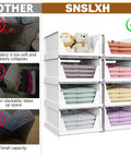 5 Pack Stackable Closet Storage Baskets, Foldable Organizer Bins stacked in a room, showcasing space-saving design.