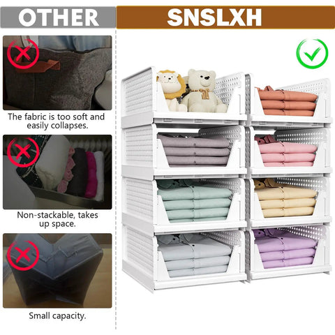 5 Pack Stackable Closet Storage Baskets, Foldable Organizer Bins stacked in a room, showcasing space-saving design.