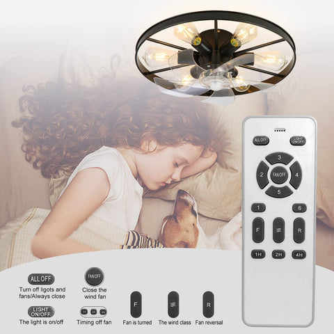 Retro 20 Inch Black Ceiling Fan With Light And Remote Six Speed Control Low Profile Bedroom Ceiling Fan Includes Six E27 Bulbs