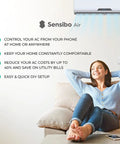 Woman relaxing on sofa with Smart AC Controller For Home Comfort And Energy Savings, 60 Second Setup, Boss Level Control visible.