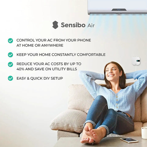 Woman relaxing on sofa with Smart AC Controller For Home Comfort And Energy Savings, 60 Second Setup, Boss Level Control visible.