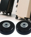 Premium Top Shelf Heavy Duty Rubber Luggage Replacement Wheels 50X18Mm 4 Pack with Metal Axles, close-up of black wheels.