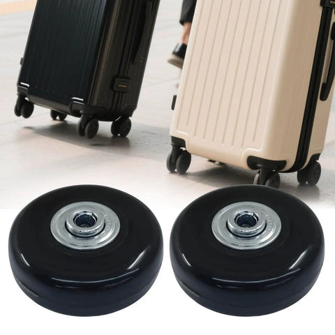 Premium Top Shelf Heavy Duty Rubber Luggage Replacement Wheels 50X18Mm 4 Pack with Metal Axles, close-up of black wheels.