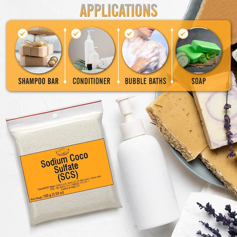 Premium Sodium Coco Sulfate SCS Fine Granules Anionic Foaming Surfactant For DIY Friendly Homemade Solid Shampoo Bars And Foamy Body Soap Hair Care With Bubbly Lather 600 g 21.17 oz, 100 g pouch