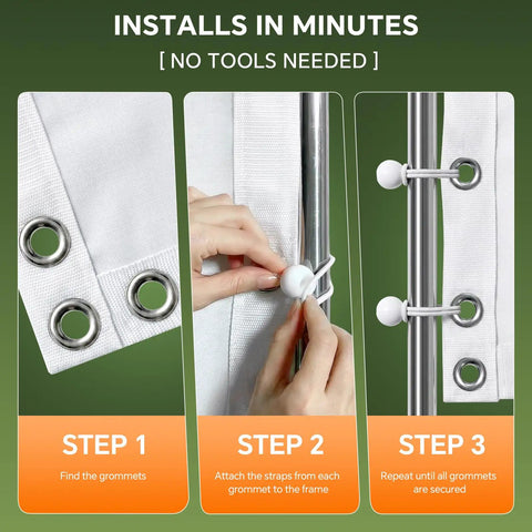 Installation steps for Golf Simulator Impact Screen For Home And Garage Training with grommet and strap attachment instructions