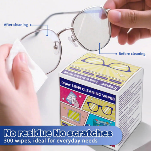 Person cleaning glasses with 300 Count Lens Wipes For Eyeglasses And Sunglasses Premoistened Individually Wrapped Scratch Free Streak Free Quick Clean Eye Glass Cleaner Wipes For Glasses Camera Lenses And Goggles.