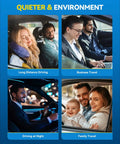 Quieter & Environment image showcasing long distance driving, business travel, night driving, and family travel experiences.