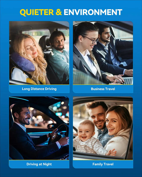 Quieter & Environment image showcasing long distance driving, business travel, night driving, and family travel experiences.