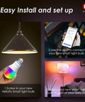 A19 Smart LED Light Bulb With WiFi setup guide, showcasing easy installation, app use for RGBCW mood lighting, no hub needed.