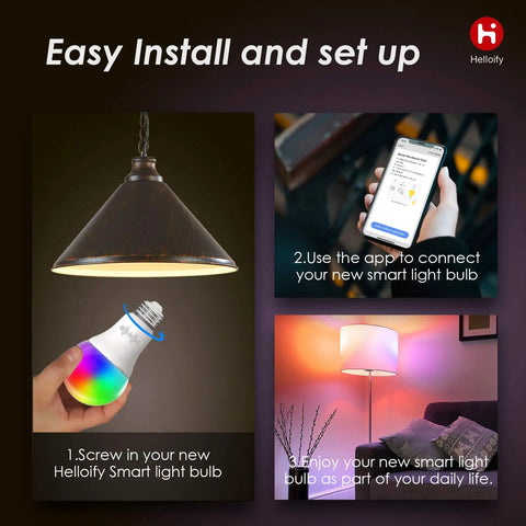 A19 Smart LED Light Bulb With WiFi setup guide, showcasing easy installation, app use for RGBCW mood lighting, no hub needed.