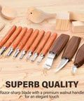 Deluxe Wood Carving Kit With Leather Case All In One Whittling Tools Set featuring wood carving knives and detail blades on a table.