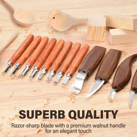 Deluxe Wood Carving Kit With Leather Case All In One Whittling Tools Set featuring wood carving knives and detail blades on a table.