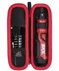 Tough As Nails Protective Travel Case For Twist 2.0 Rechargeable 4V Cordless Screwdriver Tool Organizer Bag With Zippered Mesh Storage Pocket And Comfort Grip Handle Straight Up Built Tough, red bag open with screwdriver and bits.