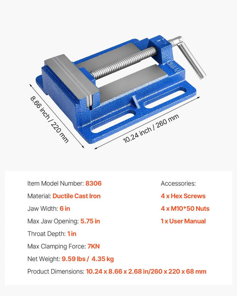 Pro Grade 6 Inch Drill Press Vise With Slotted Base Heavy Duty Cast Iron Workbench Vice For Woodworking And Metalworking Portable Bench Vise That Grips Tight Up To 7kN Non Slip Jaws For Drilling Engraving Cutting And More, blue cast iron vise