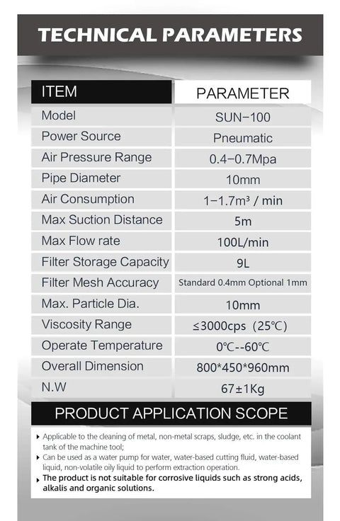 Technical parameters of Rock Solid Pneumatic Chip And Sludge Removal Machine For Cnc Coolant Disposal System with specs