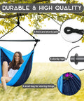 Ultra Portable Hammock Chair For Indoor And Outdoor Use Great For Chill Time Go Anywhere Hanging Swing Made From Lightweight Nylon Parachute Collapsible Seat Supports Up To 500 Lbs Ideal For Backpacking Travel Camping Backyard Patio Hiking Navy Blue with woman sitting in it under a tree; features include sturdy pole and rope