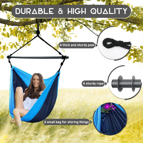 Ultra Portable Hammock Chair For Indoor And Outdoor Use Great For Chill Time Go Anywhere Hanging Swing Made From Lightweight Nylon Parachute Collapsible Seat Supports Up To 500 Lbs Ideal For Backpacking Travel Camping Backyard Patio Hiking Navy Blue with woman sitting in it under a tree; features include sturdy pole and rope