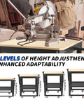 Shop Ready Heavy Duty Rolling Planer Stand With Height Adjustable Platform and Smooth Extension Rollers For 550 Lb Shop Floor Capacity Plus Massive Double Layer Tool Cart Built For Saws And Gear showing height adjustment levels.